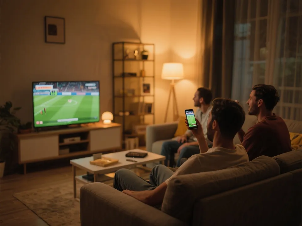 球迷在家通过电视与手机回看比赛的场景示意