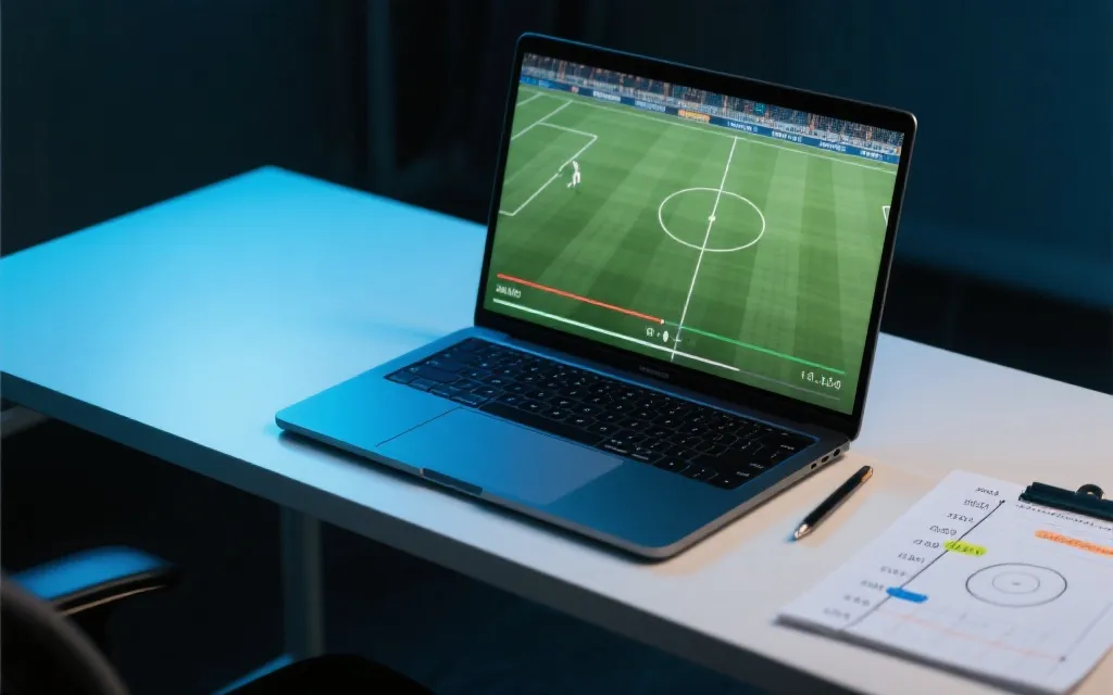 桌面上打开比赛回放与战术笔记的场景，时间轴与球场示意图