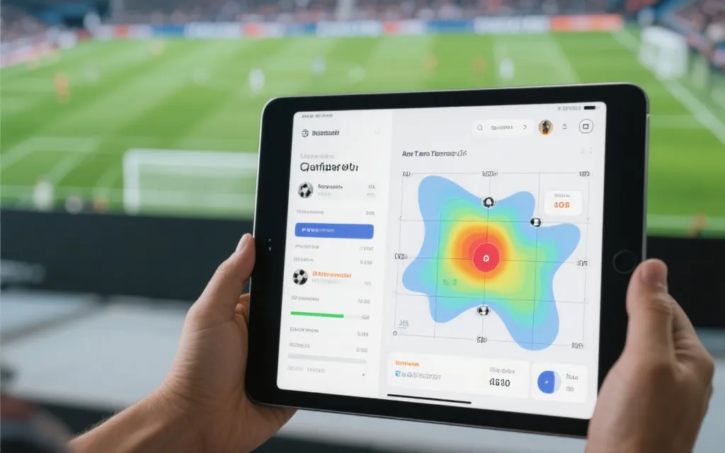 手机与平板上的实时数据面板与热区图，旁边电视播放足球比赛，现代简洁界面风格